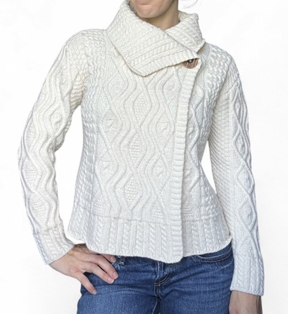 Blarney Woolen Mills Ireland Knit Sweater Cardigan Cream Merino Wool Women’s S